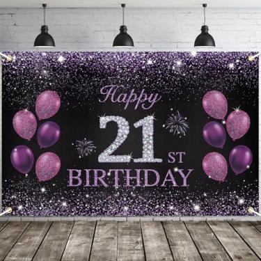 Imagem de JOYKY Banner de feliz aniversário de 21 anos, decorações de festa roxas para mulheres, suprimentos de decoração de pano de fundo de 21 anos, 15 x 9 metros