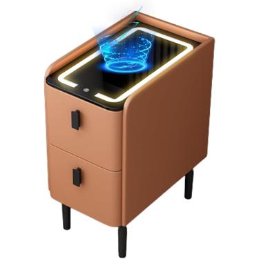 Imagem de Mesa de cabeceira inteligente armário lateral carregamento sem fio e luz de 3 cores mesa de cabeceira inteligente com 2 gavetas para quarto, laranja
