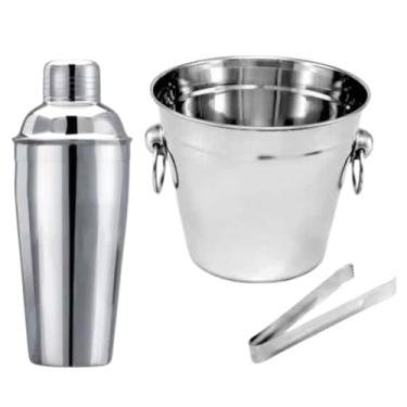 Imagem de Kit Para Preparo De Drinks Conjunto Bar Com 3 Peças Balde De Gelo 900ML Pegador De Gelo E Coqueteleira 500ML Em Aço Inoxidável