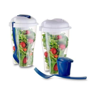 Imagem de Kit 2 Peças Copo 800ml P/ Salada Fitness Porta Molho E Garfo - ARKZ Sp