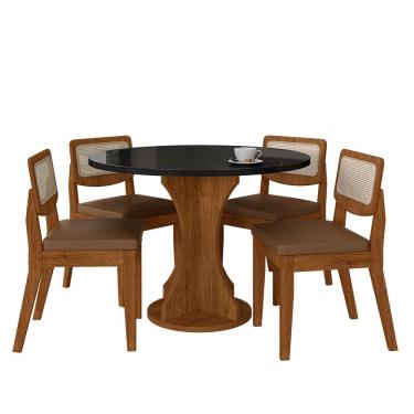 Imagem de Mesa Com 4 Cadeiras Redonda C/vidro Santorini Fre/pto/cor.carame - M.a