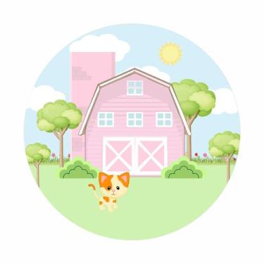 Imagem de Painel de Lona Redondo Fazendinha Celeiro Rosa Gatinho no Campo 1x1m -