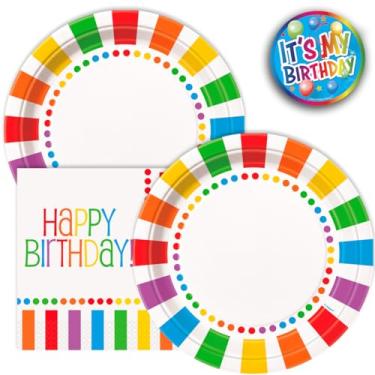 Imagem de Lobyn Value Packs Conjunto de pratos e guardanapos de festa de aniversário arco-íris – 32 peças de talheres descartáveis com tema de bolinhas coloridas – Inclui 16 pratos de 22 polegadas e 16