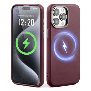 Imagem de SkyEagle Capa de celular para iPhone 15 Pro Max, compatível com Magsafe e carregamento sem fio, bisel de câmera de metal, fina, antiderrapante, luxuosa, capa protetora de couro PU adequada para Apple