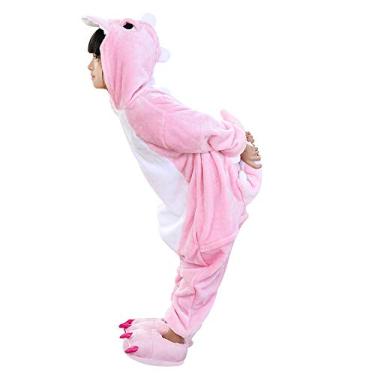 Imagem de Fanhong Pijama infantil de dinossauro, fantasia de Halloween, Natal, cosplay, pijama de lã de pelúcia, rosa, 6-7 Anos