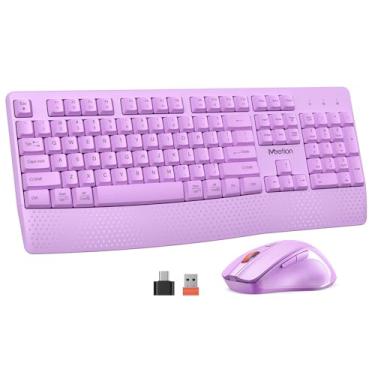 Imagem de MEETION Teclado e mouse sem fio, mouse de teclado de computador, adaptador USB A e USB C ajustável de 3 DPI, teclado e mouse sem fio, descanso de pulso para PC/computador/laptop/Windows/Mac, roxo