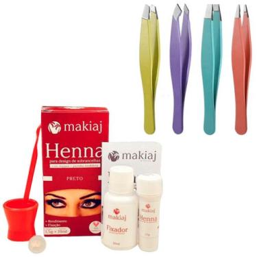 Imagem de Henna Makiaj Sobrancelha Escolha a cor + 4 Pinças Chanfrada Fina Reta 