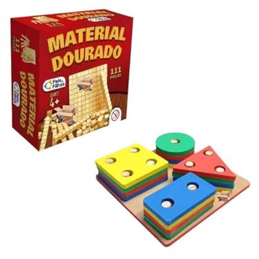 Imagem de Kit Brinquedo Pedagógico Em Madeira Prancha De Seleção De Encaixe + Material Dourado 111 Pçs