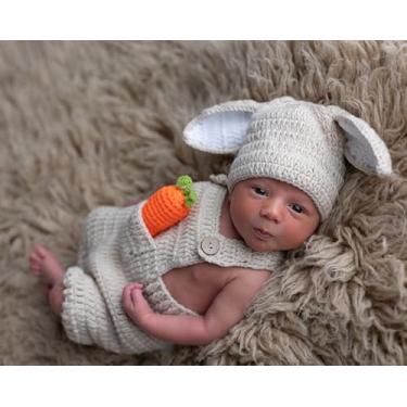 Imagem de Bellasignoro Newborn Baby Photography Props Crochet Knitted Rabbit Overalls Set Baby Bunny Outfits with Stuffed Carrot (OffWhite)