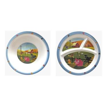Imagem de Kit 2 Pratos Infatil Tigela Bowl Raso Divisória - Fazendinha - Ecos