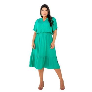 Imagem de Vestido Midi Manga Viscolinho Com Pipoquinha - Sml Fashion, G1, Verde,