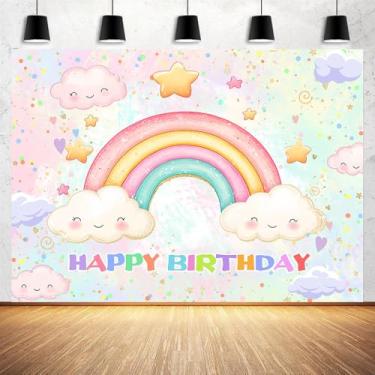 Imagem de Pano de fundo de aniversário arco-íris de 3,5 x 2,5 m para meninas, estrela pastel, faixa de fundo para fotos, colorido, borrifado, vibrante, tema de arco-íris, fundo de celebração infantil