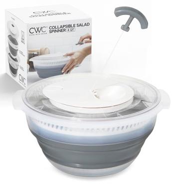 Imagem de COOK WITH COLOR Girador de salada dobrável – Secador de alface com economia de espaço de 4 litros com escorredor dobrável dobrável ótimo para lavar e secar frutas e legumes (cinza)