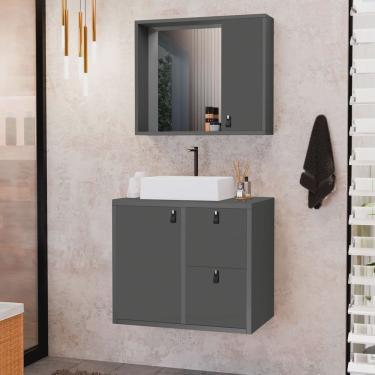 Imagem de Conjunto Gabinete para Banheiro com Cuba Sobrepor e Espelheira Toro 60 Cm Grafite