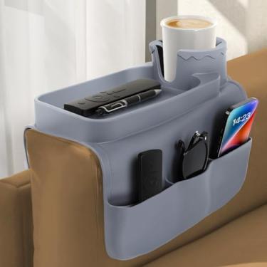 Imagem de ETSSWYTO Suporte para copo de sofá, bandeja de apoio de braço de silicone com dois bolsos laterais, antiderrapante, organizador de sofá para controle remoto, celular, lanches e bebidas (cinza)