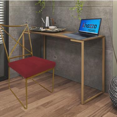 Imagem de Kit Escritório Clark Cadeira e Mesa Industrial Ferro Dourado Tampo mdf Imbuia Corino Vermelho - Ahz Móveis