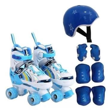 Imagem de Patins Infantil Quad Ajustável+ Kit Proteção Rodas Led, Azul, 33-36