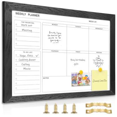 Imagem de Marribol Calendário semanal de quadro branco apagável a seco para parede - 40,6 cm x 30,5 cm, moldura de madeira maciça preta, design minimalista/moderno, planejador de quadro branco magnético para