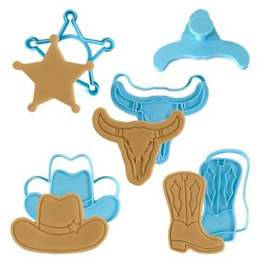 Imagem de Moose Goods Conjunto de 4 cortadores de biscoito caubói - cortadores de carimbos e biscoitos, formas de cortador de biscoito com tema de caubói ocidental - Modelador fácil de usar, para assar e