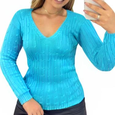 Imagem de Blusa Feminino FMF Suéter de Tricô Azul Manga Longa Cor:;Tamanho:Único-Feminino