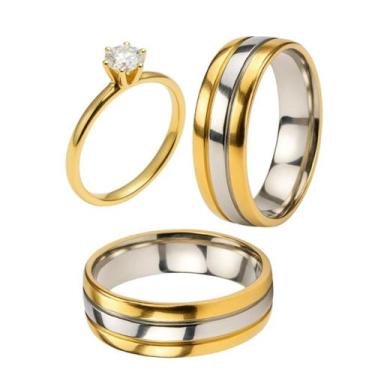 Imagem de Par Alianças 6mm Banhado Ouro 18k Friso Prata + Anel Solitário 2mm Our