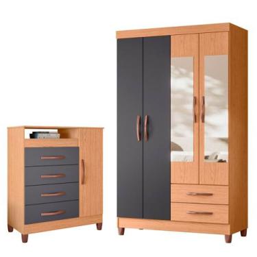 Imagem de Quarto Solteiro Completo Guarda Roupa Âmbar 4 portas com Espelho Cômod
