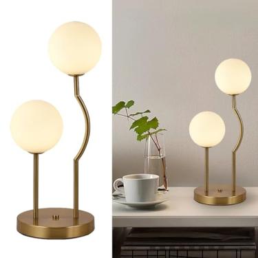 Imagem de AMARTIZ Luminária de mesa globo dourado de meados do século, esfera de 2 luzes, moderna ao lado, luz de mesa com sombra de vidro branco leite, base de metal, candeeiro de cabeceira para quarto de