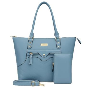 Imagem de Bolsa Feminina Transversal Grande Vários Compartimentos + Carteira Couro Sintético Modelo Hobo Social Trabalho (Azul Aço)