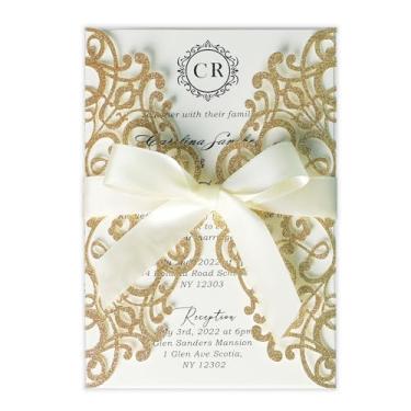 Imagem de ponatia 25 peças 5,12 x 7,1 '' cartões de convites de casamento cortados a laser com envelopes para cartões de convite de 5 x 7 anos, casamento, 15 anos, cartões de convite de quinze anos de ouro
