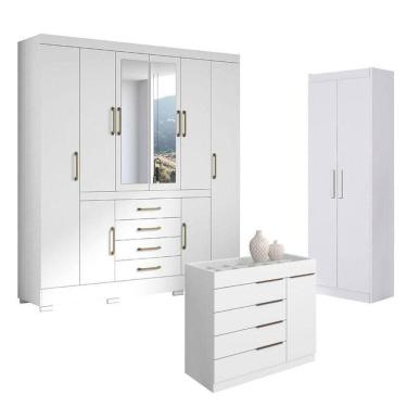 Imagem de Guarda Roupa Casal Nápole 2045149 E Armário Multiuso 2000191 E Cômoda Sevilha Branco Brilho - Aramóveis