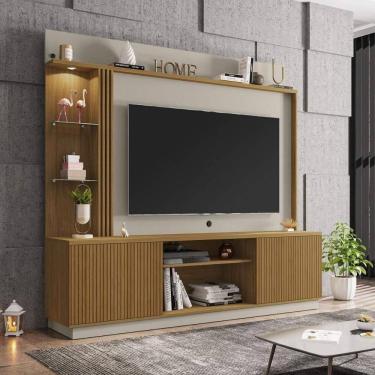 Imagem de Rack Com Painel Para Até 65 Polegadas Com Led Vidros E 2 Portas Multimóveis Cr45275 Cinamomo/off White/ripado