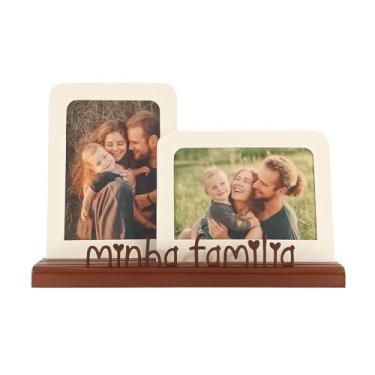 Imagem de Porta Retrato Duplo Minha Família, 2 fotos 10x15cm, Moldura de Metal e Madeira, off white, preto, ipê - GEGUTON