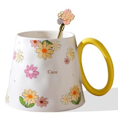 Imagem de Aufisi Caneca de café com colher, caneca de café de cerâmica de 400 ml para latte, chá, mocha, cacau, leite, máquina de lavar louça, segura para micro-ondas, canecas de café com alça para aniversário