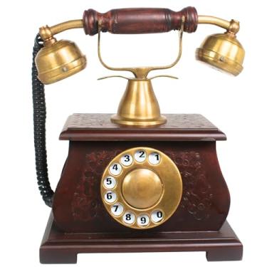 Imagem de Telefone com mostrador giratório decorativo vintage – Suporte fixo de latão antigo e madeira | Telefone de mesa para decoração de casa clássico | Peça colecionável não funcional em estilo retrô