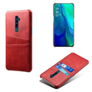 Imagem de Capas Compatível com OPPO RENO 10x Zoom,tampa protetora de couro falso,design de saco de cartão com 2 fendas de cartão atrás,proteção anti-impressão digital e anti-gota-Red
