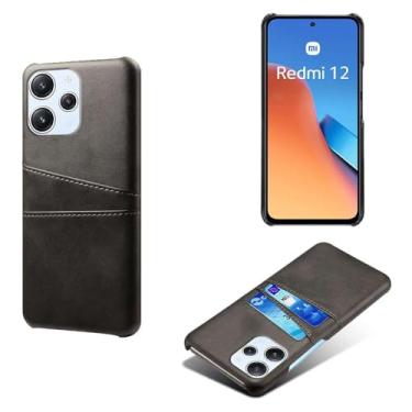 Imagem de Capas Compatível com Xiaomi Redmi 12 4G,Caso de couro PU-Tampa de telefone a prova de choque com 2 slots de cartão,Proteção anti-impressão digital e anti-gota-Black