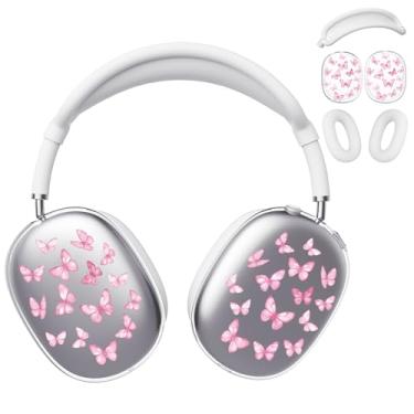Imagem de BlHMCASE Capa de fone de ouvido para AirPods Max, capa de fone de ouvido transparente borboleta rosa fofa, capa de silicone branca para fones de ouvido para Apple AirPods Max