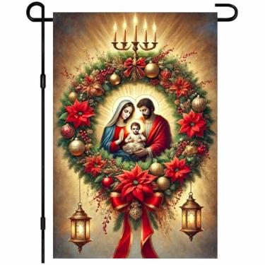 Imagem de BlissYard Presépio com bandeira de jardim de Natal com design de vela e guirlanda de família sagrada 30 x 45 cm, perfeito para decorações de jardim de varanda de férias de inverno e exibições sazonais