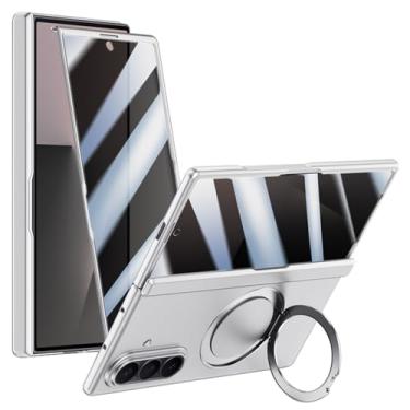 Imagem de POYUFRG Capa magnética para Samsung Galaxy Z Fold 7, capa protetora de dobradiça de tela de vidro temperado anti-espião com suporte de anel giratório, capa fosca, branca, Z Fold 7