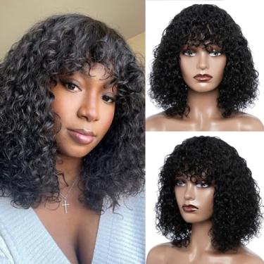Imagem de JOEDIR HAIR Peruca curta encaracolada com franja 30,5 cm peruca de cabelo humano virgem brasileiro para mulheres negras Jerry Curl peruca cacheada Bob peruca com franja 150% densidade sem laço frontal