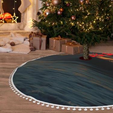 Imagem de Saia de árvore de Natal macia tapete de árvore de Natal de pelúcia 122 cm com acabamento de pompom ondas ao anoitecer, saia de árvore de Natal para casa de fazenda, saia de árvore de Natal para ano