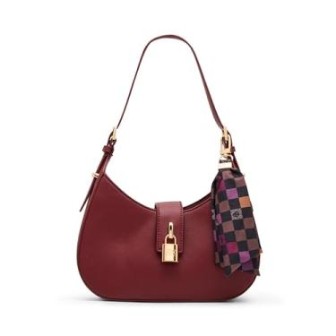 Imagem de Anne Klein Bolsa de ombro feminina pequena curvada com alça conversível, nova bordeaux/azulejo gráfico leão preto multi