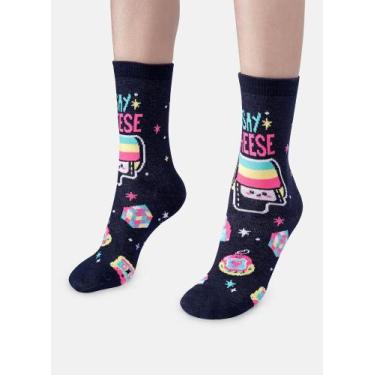 Imagem de Meia Soquete Puket Menina Cano Longo Retrô Azul Marinho 23 a 33, Azul 