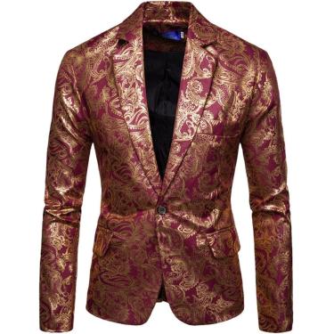 Imagem de Blazer Floral Dourado Para Homens, Terno Casual De Negócios, Blazer Dourado Para Vestido De Noiva, Red, XL