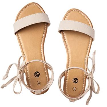 Imagem de Rekayla Sandálias rasteiras de amarrar no tornozelo com bico aberto para mulheres, Nude., 35