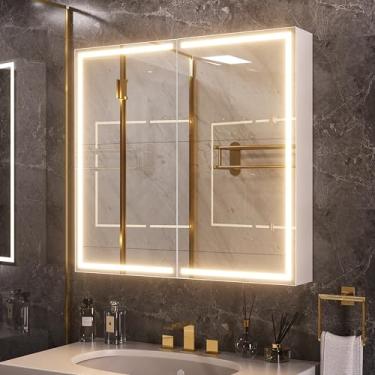 Imagem de HAUSCHEN HOME Espelho de banheiro iluminado para armário de medicamentos de 76 x 81 cm, 2 portas, desembaçador, controle de interruptor de parede, 3000 K/4200 K/5500 K, temperatura de cor, prateleira