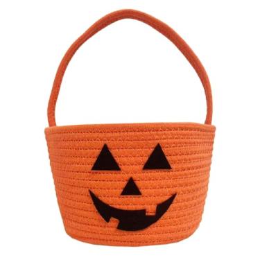 Imagem de USIX Cesta de decoração de Halloween, balde de armazenamento de doces de Halloween, balde de doces de abóbora trançado, cestas assustadoras, cestas de lanterna Jack O para cestas de presente (laranja)