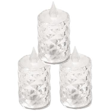 Imagem de Velas sem chama com interruptor, 3 peças, velas artificiais transparentes de 8 x 4 cm, LED texturizado alimentado por bateria para festa de aniversário, casamento, Natal sem chama