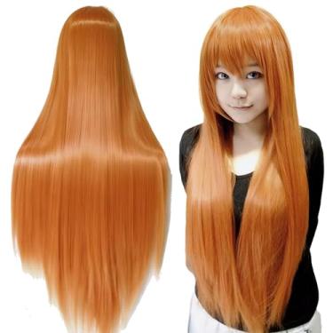 Imagem de IMISSU Perucas de cosplay de cabelo natural longo e reto com franja colorida fantasia de Halloween peruca de festa para menina (Laranja)