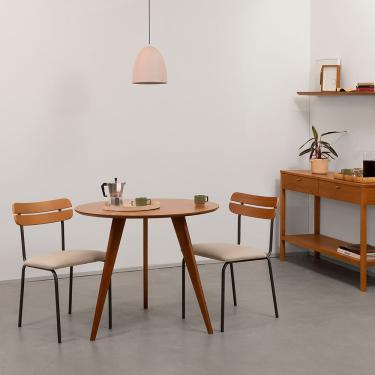 Imagem de Conjunto Mesa de Jantar Square Laminada Tripé Redonda Natural - 88cm + 2 Cadeiras Ribs Sarja - Deserto
